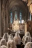 Placeholder: 7 sisters wearing lace veil praying in church.cinematic.dark mood