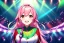 Placeholder: girl, masterpiece, best quality, volumetric lighting, detailed outfit, perfect eyes, long hair, two-tone hair, pink hair 50, green hair 50, red eyes, music stage, micro phone, lens flare abuse, laughing,