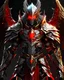 Placeholder: silver and gold armor with glowing red eyes, and a ghostly red flowing cape, crimson trim flows throughout the armor, the helmet is fully covering the face, black and red spikes erupt from the shoulder pads, four crimson and gold angel wings are erupting from the back, crimson hair coming out the helmet, spikes erupting from the shoulder pads and gauntlets, staring at a lava monster erupting from a volcano
