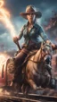 Placeholder: hypnotic portrait of a yoga instructor on a horseback,flashy magazine cover illustration, fallout 4 docks setting, horror weird cowboy wizard cyberpunk weasel in female garments on top of train ,holding dynamite, getting hit by lightening electric arc, with big disturbed eyes,bokeh like f/0.8, tilt-shift lens 8k, high detail, smooth render, down-light, unreal engine, prize winning