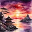 Placeholder: beautiful dark watercolor, dramatic, Japanese seascape at sunset, majestic pagoda perched on shoreline cliff, deep crimson and purple colors, reflective, setting sun partially obscured by clouds, small fishing junk, sun glare effect, impressionism