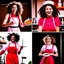 Placeholder: Photo grid of a young woman with curly hair. Top-left captures her painting in an apron. Top-right shows her dancing in a red dress. Bottom-left illustrates her cooking in a chef's hat. Bottom-right presents her cycling in sportswear.