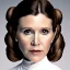 Placeholder: half-length color photo shoot, three-quarter face pose of carrie fisher as Princess Leia with realistic fine and very simple short hair, entrancing deep brown eyes, Intricate, High Detail, Sharp focus, realism, beautiful and detailed lighting, Nikon D850, ef 85mm 5.6 by Annie Leibovitz