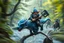 Placeholder: oil painting ,motion blur portrait of harpy - Forgotten Realms dodging cyberpunk dwarf with warhammer riding tiny furry blue and purple dragon above water and along winding branches in lush green forest along speeding horses , bokeh like f/0.8, tilt-shift lens 8k, high detail, smooth render, down-light, unreal engine, prize winning