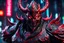 Placeholder: Carnage oni in 8k bloodborn artstyle, ronin costum, galaxy mask, cover face, dynamic pose, oshare kei, hurufiyya, rtx , neon lights, intricate details, highly detailed, high details, detailed portrait, masterpiece,ultra detailed, ultra quality