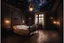 Placeholder: strange evening in vintage bedroom, deep dark colors, old wood floor, old antique bed, pale lights, sharp contours, old balkony, ceiling the galaxy with stars, nightly lights, etheral, mystic, stunning, cinematic