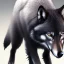 Placeholder: This wolf's fur is dull and black colored. They have dazzling blue-grey eyes. They have a limp in their back right leg due to a fight against a rival pack.