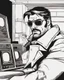 Placeholder: a young man with big muscles who looks like hans gruber wearing a heavy coat and red sunglasses staring with an irritated look on his face destroying a television