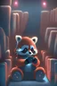 Placeholder: Cute small humanoid red panda sitting in a movie theater using a mobile phone in the dark, but not watching a movie, the phone lights are brighter than the surroundings around him, the room is dark, the movie is already playing unreal engine, volumetric, warm indoor lighting, artstation, detailed, digital painting, cinematic, character design by hayao miyazaki, unreal 5, daz, hyperrealistic, octane renderer, arnold renderer, 8k, matte