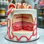 Placeholder: surreal and unsettling photograph of a cake designed to resemble anatomical features, including realistic human tongues and ears sculpted in fondant. The cake is cut to reveal its interior layers of soft, sponge-like texture. design is highly detailed and hyper-realistic, with a stark contrast between the pale white outer fondant and the vivid pink and beige tones of the intestinally sculpted interior. Background a cake shop