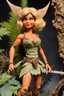 Placeholder: (1960's stop-motion animation puppet, in the style of Ray Harryhausen) Close-up shot of Shanna the blonde She-Devil, the jungle girl, executed as a handcrafted articulated armature puppet. She stands 10 inches tall within a detailed stop-motion diorama of a primordial jungle, built with layers of textured painted paper, foam, dried moss, and miniature tropical foliage. Shanna wears a carefully stitched leather and felt leopard print two-piece swimsuit (revealing outfit) with micro-textures