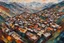 Placeholder: Aerial view palette knife painting of a lost Himalayan city , in the Expressionist style of Egon Schiele, Oskar Kokoschka, and Franz Marc, highly detailed in muted natural colors with fine detail outlining and shading