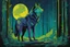 Placeholder: cosmic wolf in the forest in a psychedelic green and blue and yellow in the illustrated style of studio ghibli