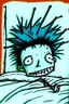 Placeholder: 2d drawing of a stickman, laying in bed, cool with punk hair, just woke up, excited, smiling ,3d realistic in colour