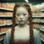 Placeholder: Old autochrome of devon aoki with red cheeks, strange braids. in a supermarket, in 1830