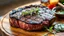 Placeholder: editorial photo, "A close-up of a perfectly grilled ribeye steak, with a charred crust and juicy pink center, resting on a rustic wooden board. Garnished with rosemary sprigs, cracked black pepper, and sea salt, with a side of roasted vegetables and a small dish of chimichurri sauce.' professional photo, bright natural light.