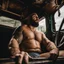 Placeholder: photography of a burly truck beefy driver at rest in truck, inside cab, shirtless, with short shorts, sweaty, massive with tattoos and short beard, Romanian, muscular, male chest, big tights, frontal view, seen from below