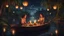 Placeholder: Hyper Realistic Romantic Couple doing candle-light-dinner on a fancy-romantic-wooden-boat in the middle of the river at dark night with sky-lanterns flying in the middle of a jungle