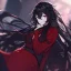 Placeholder: Clear focus, High resolution, rough line sketch art, long black hair, hair between eyes, fluffy hair, purple eyes, wearing a black and red kimono with a black short skirt, dark aura