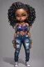 Placeholder: create a colorful abstract digital art image 8k of a chibi curvy black female wearing torn jeans pants and a black-tie dye off the shoulder blouse. Prominent make up with hazel eyes. Highly detailed long Senegalese twist in a hair wrap