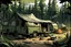 Placeholder: camp, forest, post-apocalypse, front view, comic book, cartoon, pickup, trailer park