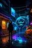 Placeholder: "Create an AI art piece that blends the eerie enchantment of Halloween with a futuristic twist. Picture a cyberpunk-themed Halloween night, where neon lights and holographic jack-o'-lanterns illuminate the streets, and supernatural beings meet cutting-edge technology."