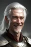 Placeholder: digital art fantasy of a mid age male warrior with white hair with no beard with an happy face