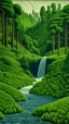 Placeholder: Lime green woods with a waterfall and a river designed in Navajo baskets painted by Grant Wood