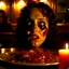 Placeholder: Spooky, ultra realistic distress, dining, ultra realistic hot woman, nose, melted red ice, giant eye on a table, organic hot bondes, dynamic, anguish, excited and lively scene, hypermaximalist figures, Creepy the Ring Alfred Hitchcock, Sam Raimi, insanely detailed, sinister, John Carpenter, Dario Argento, ornate
