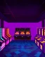 Placeholder: A dark photo of the corners of an 80's aesthetics arcade at night, with a lot of functioning arcade machines, a vaporwave floor and some colorful tiles in between the floor. Purple aesthetics. There are some pizza boxes over some of the arcade machines