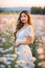 Placeholder: Young woman in flower field in the evening