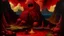 Placeholder: A dark red molten crater with fiery imps designed in Moai statues painted by Thomas Hart Benton