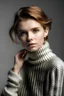 Placeholder: an image of a female model in a knitted sweater and gold earrings light grey background. high end fashion style photo.