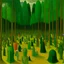 Placeholder: A green forest with wooden masks painted by Georges Seurat