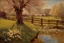 Placeholder: amazing sunny spring day, trees, flowers, fence, little pond, philip wilson steer impressionism painting