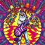 Placeholder: WOODSTOCK, hippie Santa playing electric guitar, psychedelic, peace sign, MUSHROOMS, TRIPPY, ACID, LSD, dreadlocks