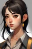 Placeholder: Realistic anime sakimichan art style. A thick-bodied slightly dressed up dark-haired college girl. She has gold-beige skin and light brown eyes, and her chin-length raven hair is drawn back in a ponytail. Her eyes are marked with black eyeliner and matte bronze eyeshadow, and her eyelashes enhanced with black mascara. She is wearing a tight white button-up shirt, a mid-length black skirt, and black pumps.