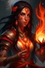 Placeholder: Female eladrin druid with fire abilities. black hair made from fire. Tanned skin. Big red eyes with touch of fire .