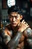 Placeholder: professional photo from attraktive young korean man with elaborate detailed warrior tattooed him arms. The character’s muscular build, some ring jewelry, dark hair, dark asian eyes, young korean man attractive masculine face with realistic skin, no anime face, shadows, pale light, cyber urban bar, blur background