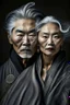 Placeholder: a photo of an Asian man and woman with ethnic jewelry, grey hair and grey flowing robe, in style of Annie Leibovitz, contemporary portrait of a mature yet beautiful and modernist, black and grey, detailed face, swirling fluid smokey enigma, award-winning artwork