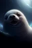 Placeholder: seal flying through the clouds with a blessed smile, 4 k, down light, depth of field, trending art, spray paint, high detail, fantasy art, alien connection, future tech