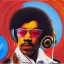 Placeholder: a realistic portrait of Jimi Hendrix at a turntable with headphones on being a DJ, vivid color, with sunglasses
