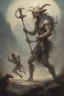 Placeholder: A worrier holding a spear fighting with a creature from another world, Busch painting style