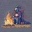 Placeholder: A knight sitting close to a campfire, pixelart