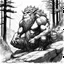 Placeholder: the troll sits on a rock, waiting in the forest. Record of Lodoss War style, Linework: Expressive, expressive black ink line art with variable stroke weights. Crisp contours define silhouettes while fine hatching adds subtle depth and form.