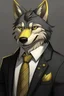 Placeholder: Anthro wolf himbo with black fur and gold eyes wearing a suit