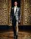 Placeholder: Full length picture A handsome super model man in a luxury suitman tuxedo batik traditional pattern javanese heritage dress with delicate gold and full diamonds colored crystal jewelry, walking on stage