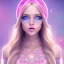 Placeholder: beautiful, soft, smiling face, whole head, long straight blonde hair blues eyes, crown on the head, clothing in transparent bluish and pink veil, background brillante bluish and pink, hight definition, 8K