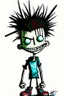 Placeholder: 2d drawing of a stickman, cool with punk hair, x eyes like hangman, standing with back to camera, smiling,close-up ,3d realistic in colour