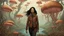 Placeholder: woman with black hair in a ponytail, in light brown leather trousers and jacket, walking through a forest of floating alien mushrooms with jellyfish tentacles, rampant foliage, and vines, next to a lake, photorealistic, Deep Colour, Intricate Detail